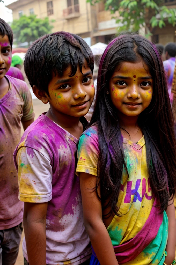 Indian girl and boy playing holi 