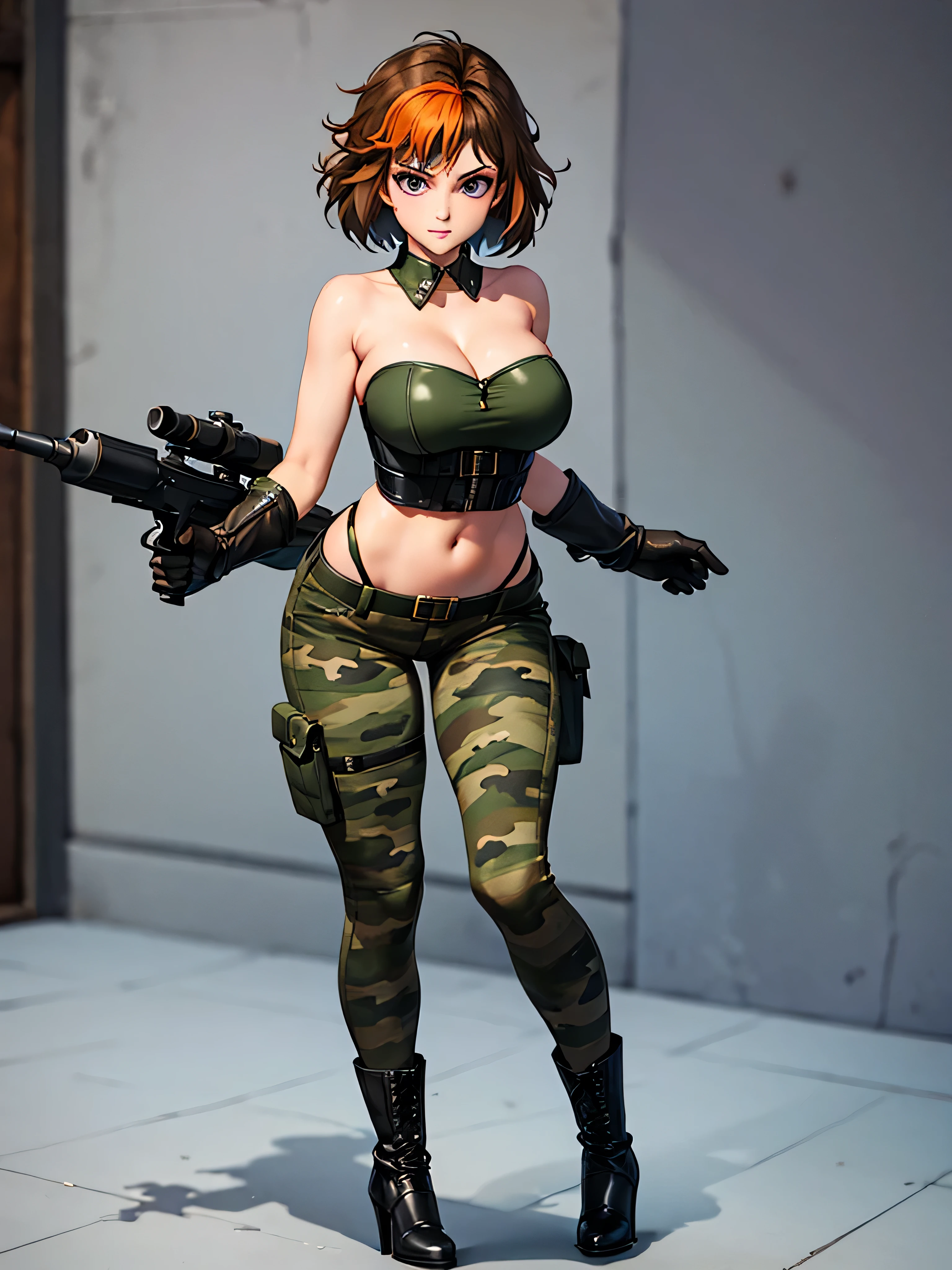 merula, full body, thighs, boots high heels, solo girl, medium tits, military camouflage pants, belly, top strapless