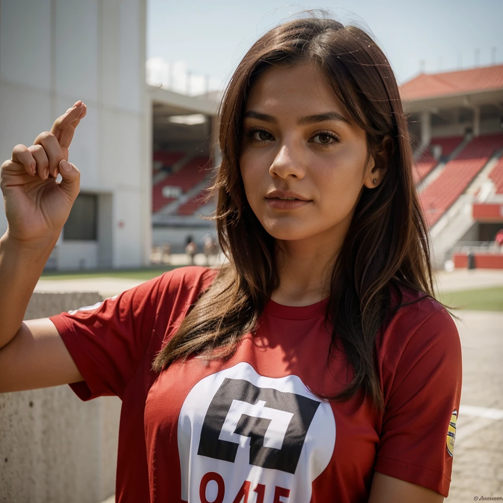 Give me more images of the same woman, ella sola, con camiseta roja de futbol