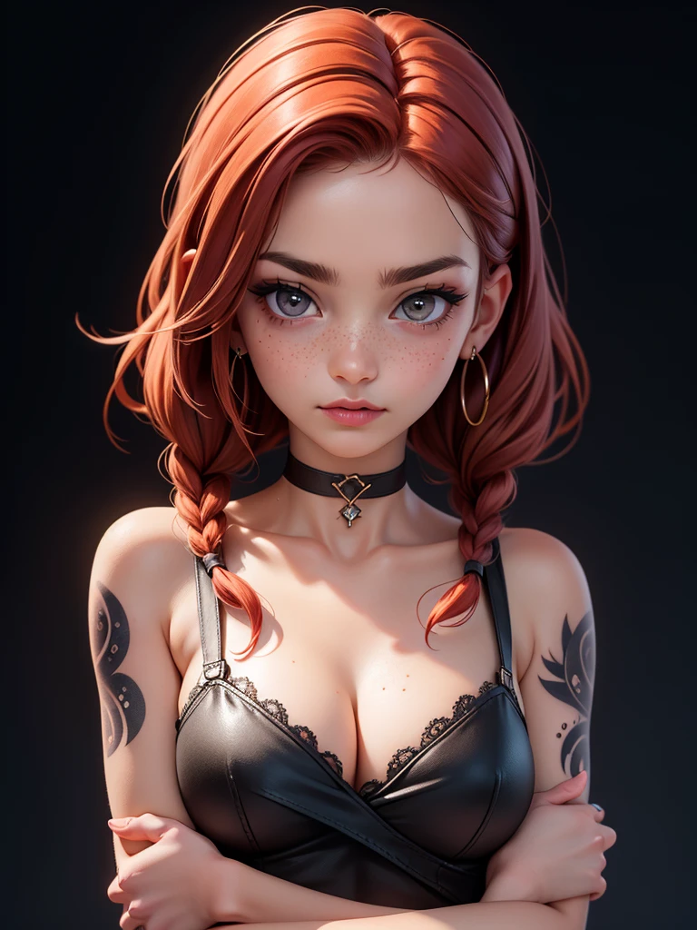 SFW,highest quality,woman, 19 year old,backlighting,black choker,blurry background,blush,closed mouth,collarbone,earrings,forehead,freckles,hair over shoulder,jewelry,long hair,looking down,pointy nose,lips glossy,shadow,solo,thick eyebrows,thick eyelashes,upper body,red hair,braids,tattoos,tattoos on arms,black rose tattoos on neck,sun beams,warm light,cozy,((masterpiece)),