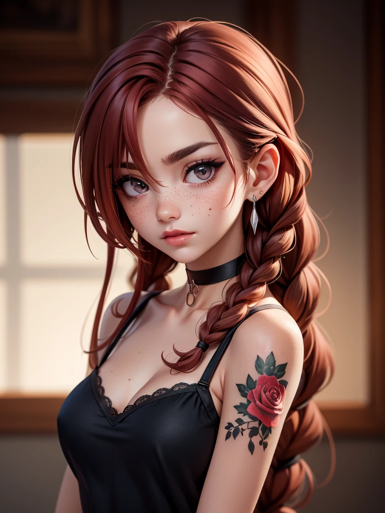 SFW,highest quality,woman, 19 year old,backlighting,black choker,blurry background,blush,closed mouth,collarbone,earrings,forehead,freckles,hair over shoulder,jewelry,long hair,looking down,pointy nose,lips glossy,shadow,solo,thick eyebrows,thick eyelashes,upper body,red hair,braids,tattoos,tattoos on arms,black rose tattoos on neck,sun beams,warm light,cozy,((masterpiece)),