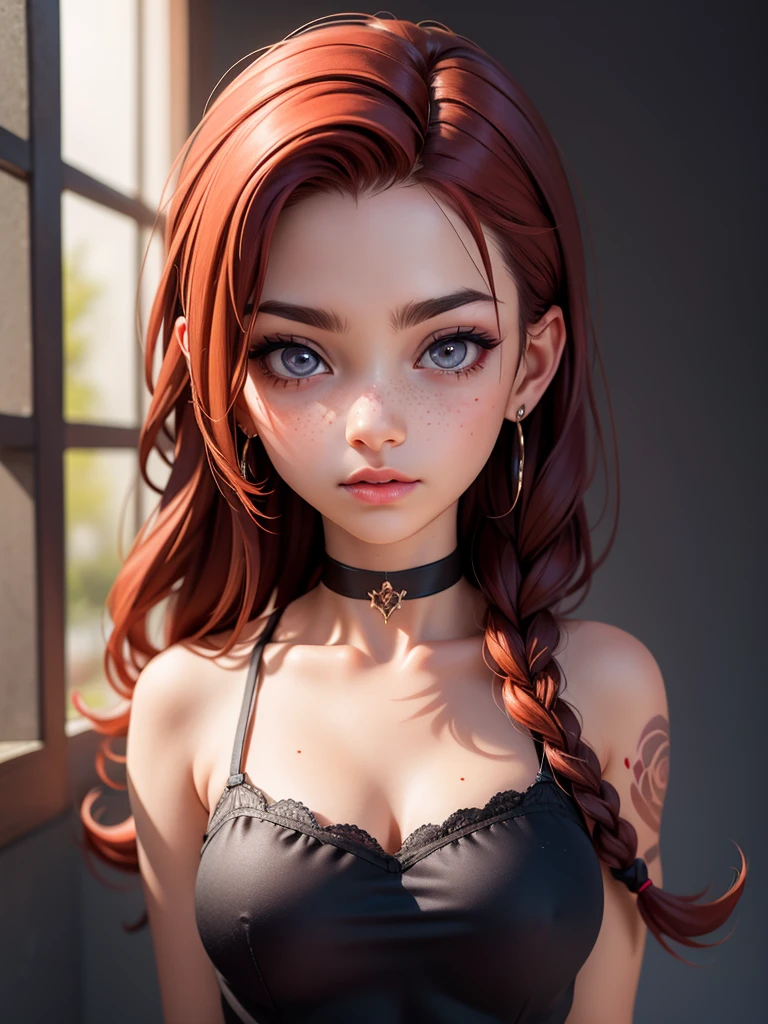 SFW,highest quality,woman, 19 year old,backlighting,black choker,blurry background,blush,closed mouth,collarbone,earrings,forehead,freckles,hair over shoulder,jewelry,long hair,looking down,pointy nose,lips glossy,shadow,solo,thick eyebrows,thick eyelashes,upper body,red hair,braids,tattoos,tattoos on arms,black rose tattoos on neck,sun beams,warm light,cozy,((masterpiece)),