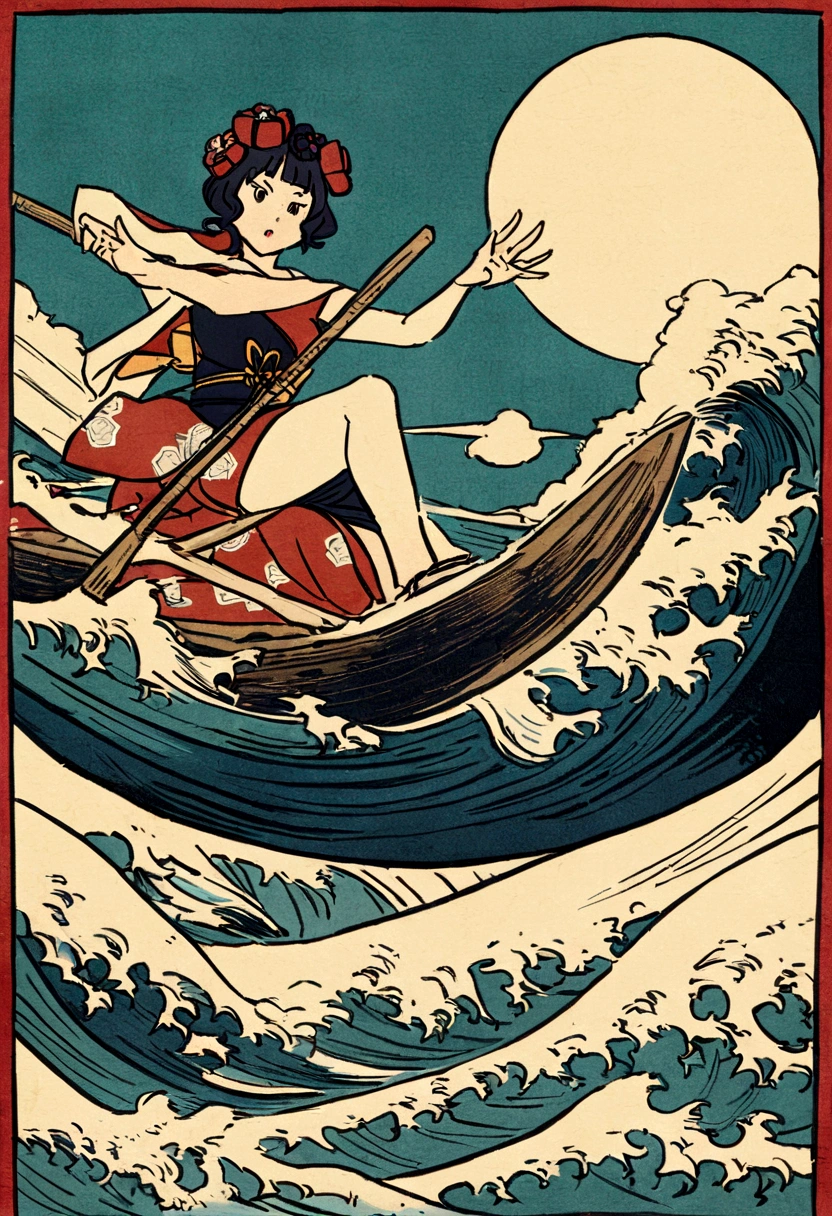 The rough texture of Japanese paper, Hokusai style, ukiyo-e, surfing, flight, fun and solemnity Ukiyo-e style、Katsushika Hokusai、A girl is rowing a boat、surfing、high quality、high resolution