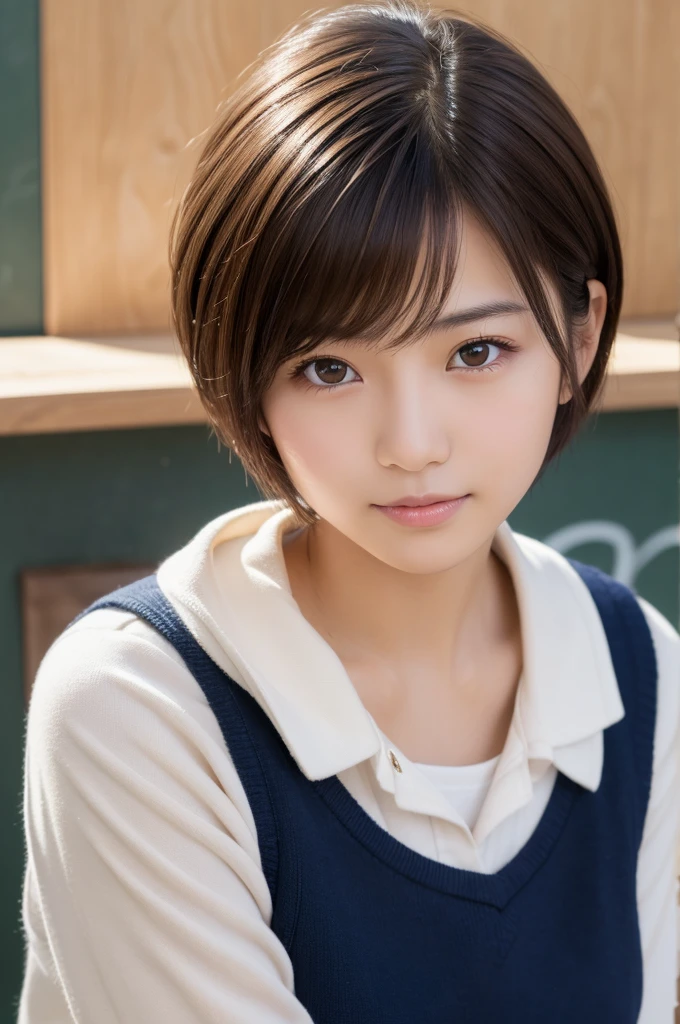 Highest quality, Face Focus, Soft Light, Ultra-high resolution, (Realistic:1.4), RAW Photos, 1 Japanese girl, alone, cute, (A shy smile:0.5), (Brown eyes, Light in your eyes), Beautiful face in every detail, (Small box),(High resolution detail of human skin texture), (Short Bob Hair), break, In the classroom,Navy uniform, Best, skirt