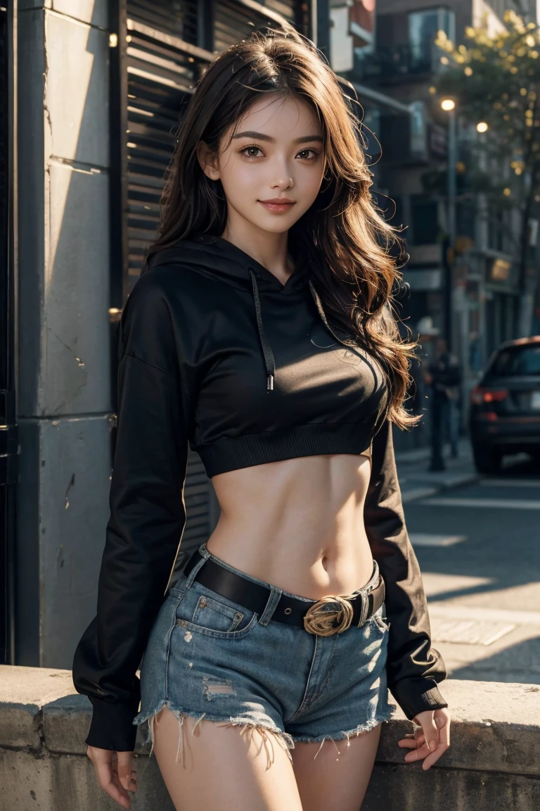 a girl, Thick belly button hoodie, long sleeve, (bare midriff, exposed navel), sexy abs, Mermaid Line,completely exposed abdomen, very low-rise shorts, metal belt, cowboy shot, summer street, 8k, best quality, masterpiece, photorealistic, ultra-detailed, vivid colors, professional lighting, cinematic, dynamic pose, dramatic lighting, intricate details,Looking at the camera,Smile