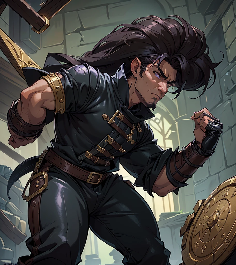 (((Solo character image.))) (((Generate a single character image.)))  (((Dressed in medieval fantasy attire.))) (((Looks like a cute male model.))) Looks like a seductive sexy guy, wearing a black shirt, black pants and black boots.  Looks like a pit fighter in a medieval fantasy setting.  Looks like a cute and shady bad boy in a medieval fantasy setting.  Looks like a medieval fantasy street brawler. Looks like a male rogue for Dungeons & Dragons in a medieval fantasy setting.  (((Looks like an arrogant bully))).  (((Looks like a sexy male brawler))).  Looks like a sexy, shadowy assassin for a medieval fantasy setting.  Looks shifty.  Looks suspicious.  Looks untrustworthy.  (((wearing black leather medieval clothing))), A single character portrait, sneaky, (((rogue))), (((muscular))), (((gorgeous face))), (((risque stare))), assassin, fantasy artwork, fantasy attire, fantasy adventurer, attractive, youthful, sexy, sly, arched eyebrows, scowl, (((sexy long, luxurious dark hair))), mysterious, (((serious expression))), man in his early 20’s sexy body, pathfinder, Dungeons & Dragons character portrait, intricate details, ultra detailed, extremely detailed hands, ultra detailed clothes, ultra detailed hands, epic masterpiece, ultra detailed, hyperdetailed hands, digital art, unreal engine, 8k, ultra HD, centered image, art style by J Scott Campbell