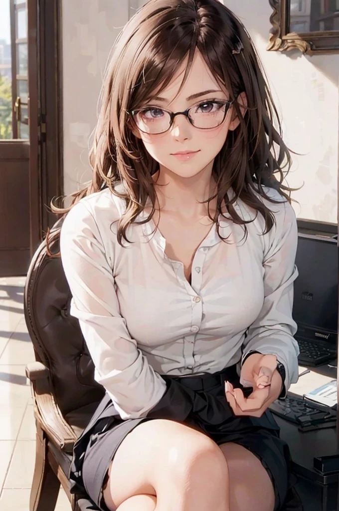 masterpiece, 最high quality, high quality, High resolution, high quality texture, high quality shadows, High resolution, Beautiful details, Detailed CG, Detailed Texture, Realistic representation of face, Realistic, colorful, delicate, Cinematic Light, Side light, Lens flare, Ray Tracing, sharp concentrated, (1 Girl,concentrated:1.3), ( Intricate details, compensate, PureErosFaceV1:0.5), (細部まで美しいdelicateな顔, 緻密で美しいdelicateな瞳, Perfect Facial Proportions, Dense skin, Optimal ratio of four fingers to one thumb, Arms under chest, From below,medium breasts, Wide Hips, Smooth upper abdomen, Tilt,middle hair ,wavy hair , withe blush , tight fitting black skirt ,30 years old,Blue Eyes,Study,Glasses, white blouse ,Tight Skirt,black stockings, garter belt,high heels,desk, sit cross-legged ,secretary ,adultery,house wife, smile, temptation