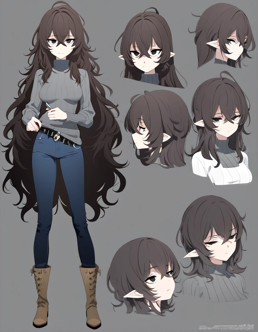 One Woman,Downer,older sister,Concept Art,Dark brown hair,Straight hair with slight inward curls,Staring eyes,Eye Ridge,black eye,Crossed bangs,whole body,smile,Slightly larger breasts,Gray background,Bangs that reach down to the eyes,Messy hair,Tight dark jeans,Gray turtleneck sweater,Multiple views of the same character,Character Design,Dark circles under the eyes,Bad look,Listless,Sloppy,Silver Jewelry,Cafe staff,Holding a cigarette,whole bodyCharacter Design,Detailed hands,Height: 170cm,boots,fleshy,