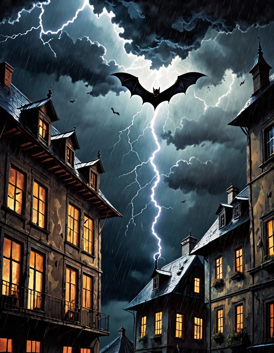 bat hanging from a building, under a stormy sky of lightning and thunder, terrifying, 70's style dark fantasy paper, with intense German-style romantic painting. Shadows and spectacular lighting.