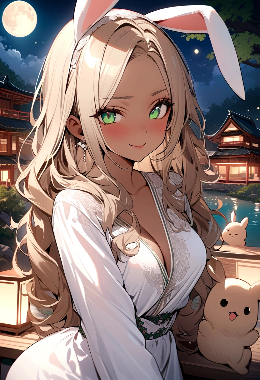 ((masterpiece)), ((best quality)), (ultra-detailed), ((extremely detailed)), 4K, (8K), best quality, (beautiful), A pretty woman with a dark skin, solo, (dark skin:0.8) ,beautiful light brown hair, light brown skin, beautiful green eyes, ((beautiful eyes)), triumphant look, smug look, self-satisfied look ,Masterpiece、White dress、Highest quality、brown Bunny ears、Tanned woman with big 、light brown hair color, forehead Long curlyWavy Hair、White shirt、Black Bra、Black panties、Hot spring inn、a bright moon shines over beautiful scenery of garden and river in night time, moon, architecture, tree, east asian architecture, full moon, scenery, night, cloud, sky、Lots of rabbits