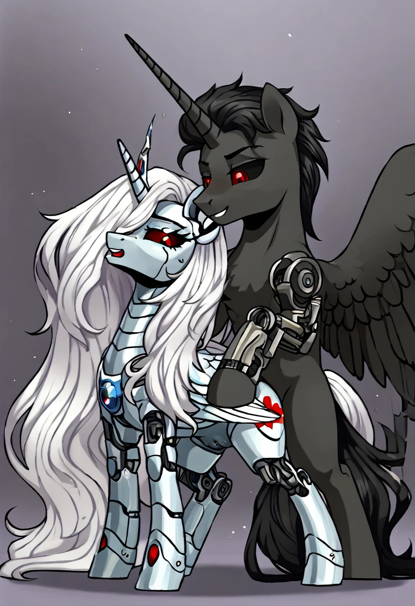 Alicorn , white mane,light blue cybernetic eyes, cybernetic body,black sclera ,black body color  long flowing  mane two male on female sex pussy,anal,drolling horny pink heart eyes pony