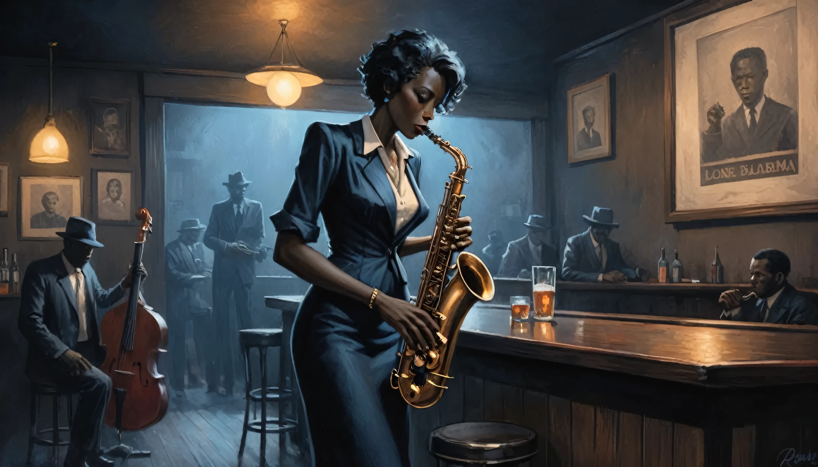robert johnson, gritty, alabama bar, blue note, charismatic , illustration, ???? fantasy, lone lady, sad ending, saxophonists
