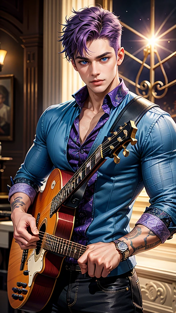 a guy with purple hair and a guitar in her hands, Best quality, masterpiece, detailed skin texture, detailed clothes texture, detailed face, super detail, 8k, intricate detail, 1 boy, The color doesn't change, Muscle guy, 1 guy, blue eyes.