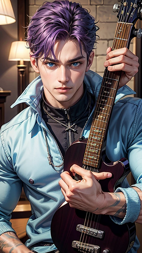 a guy with purple hair and a guitar in her hands, Best quality, masterpiece, detailed skin texture, detailed clothes texture, detailed face, super detail, 8k, intricate detail, 1 boy, The color doesn't change, Muscle guy, 1 guy, blue eyes.