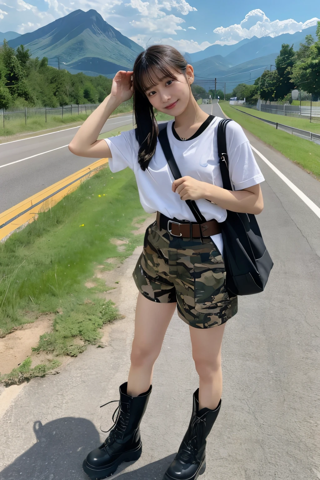 One girl、black hair、ponytail（High position）、Black headphones、Camouflage、belt（black）、Holding a rifle、Turn face to the side、Shorts（gray）、Laced boots（gray）、Mountains in the background々、Country Road、Wooden telephone pole、Are standing、Stand with your feet apart、You can see the sky above、Composition from below
