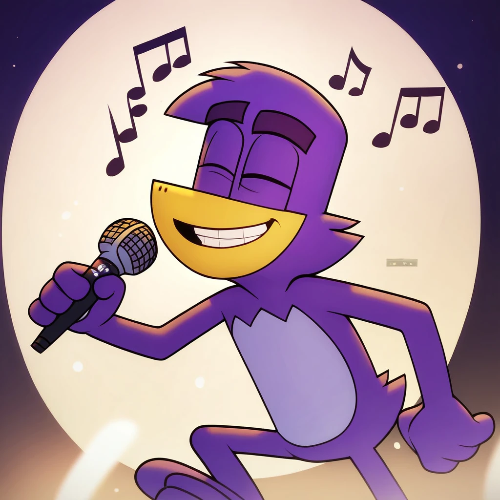 badmascot, solo, 1boy, holding, smile, smiling, singing, pokemon (creature), happy, microphone, mascot, full-size, dark background score_9, score_8_up, score_7_up, score_6_up, score_5_up, score_4_up, eyes open