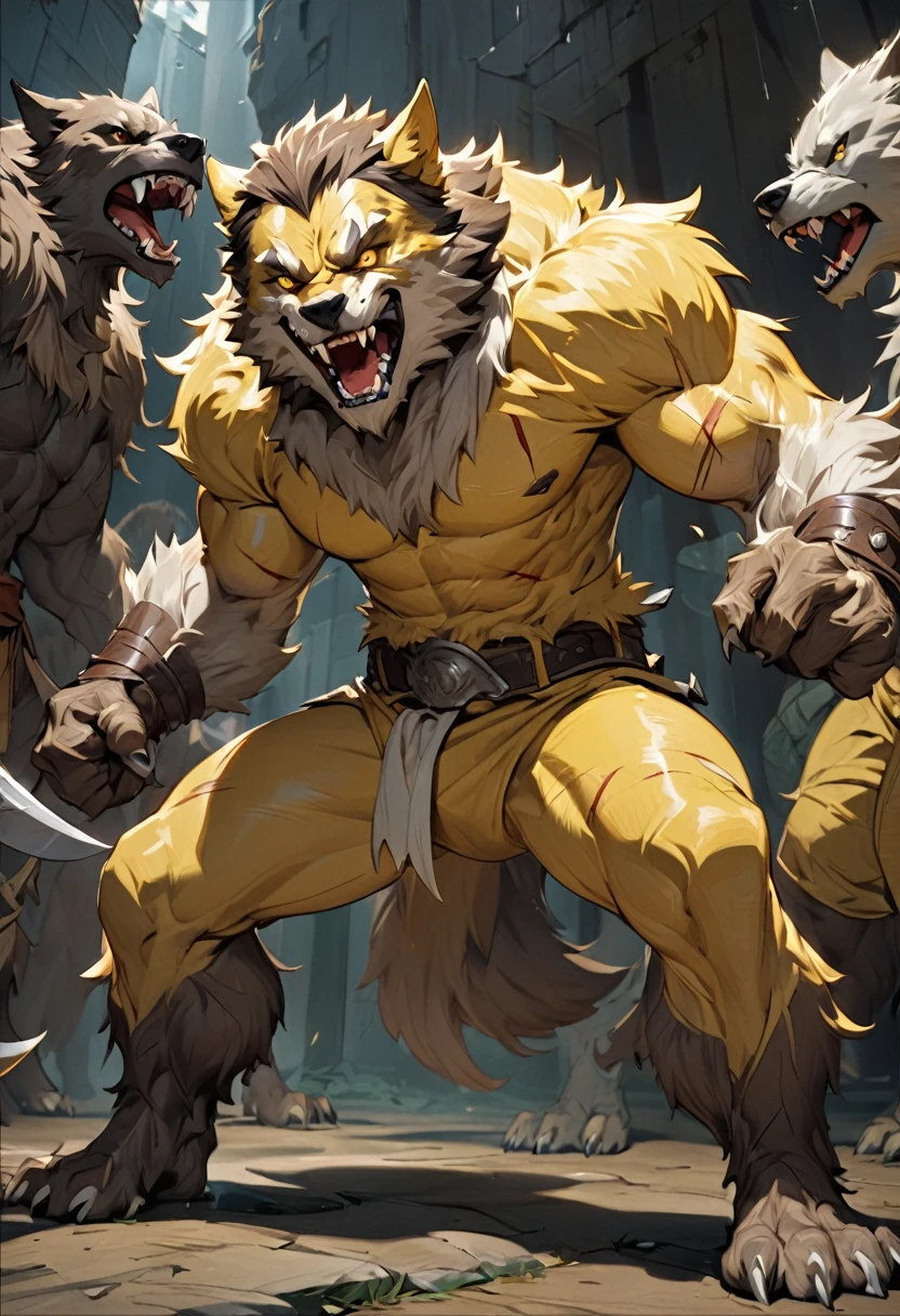 masterpiece, Best quality, A high resolution, fantasy, adult male werewolf, shows sharp fangs and grins, brunette with short hair and shaved temples, with scars on the body and face, with yellow wolf eyes, full length, getting ready to fight