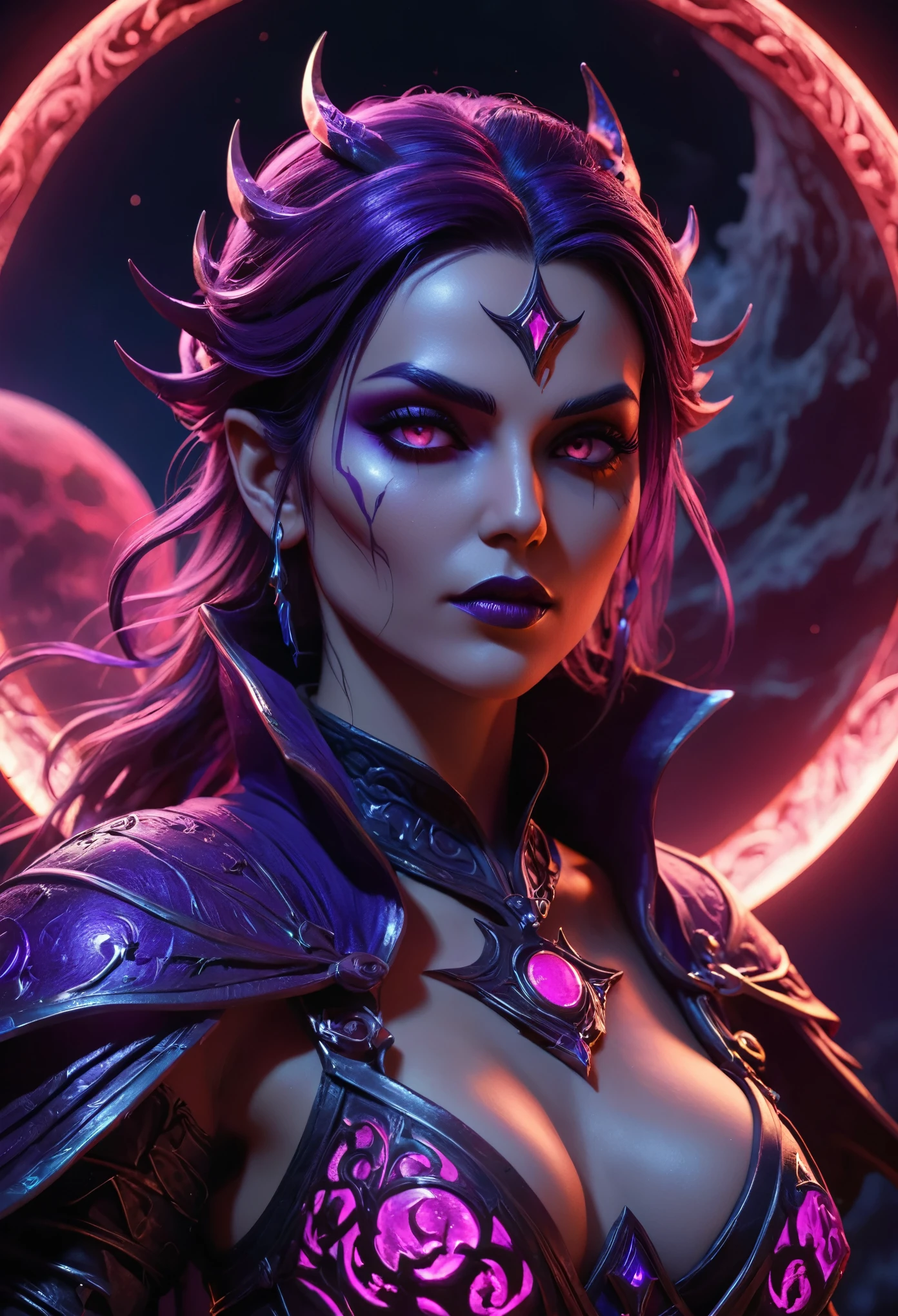 Purple female Necromancer, beautiful, Blood Moon, Ray Tracing, masterpiece, highest quality, super high quality, Absurd detailed, best Light, Best Shadow, sharp, sharp image, detailed, extremely detailed, Amazing resolution, 8k, 4K, Ultra-high resolution, Particle Effects, Beautiful Effects, Vibrant colors, neon Light, neon, Light, have a long sword