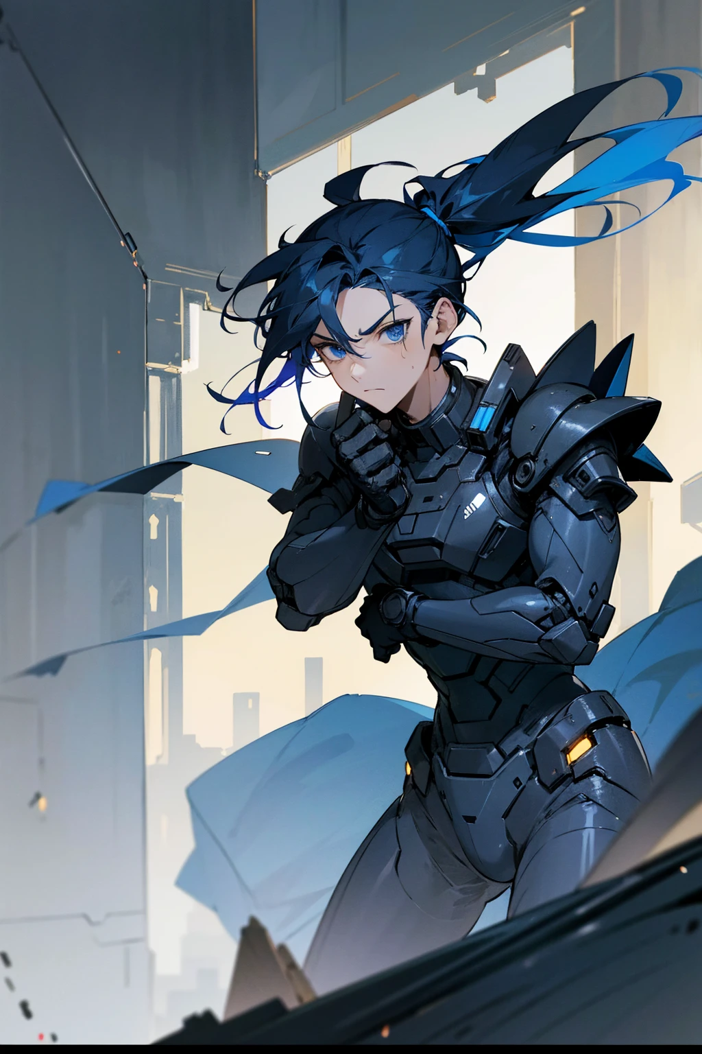1male, man, dark blue hair, short ponytail, scruffed hair, deep blue eyes, expressionless, black and white combat suit, city background, detailed background, hands to side, standing on path