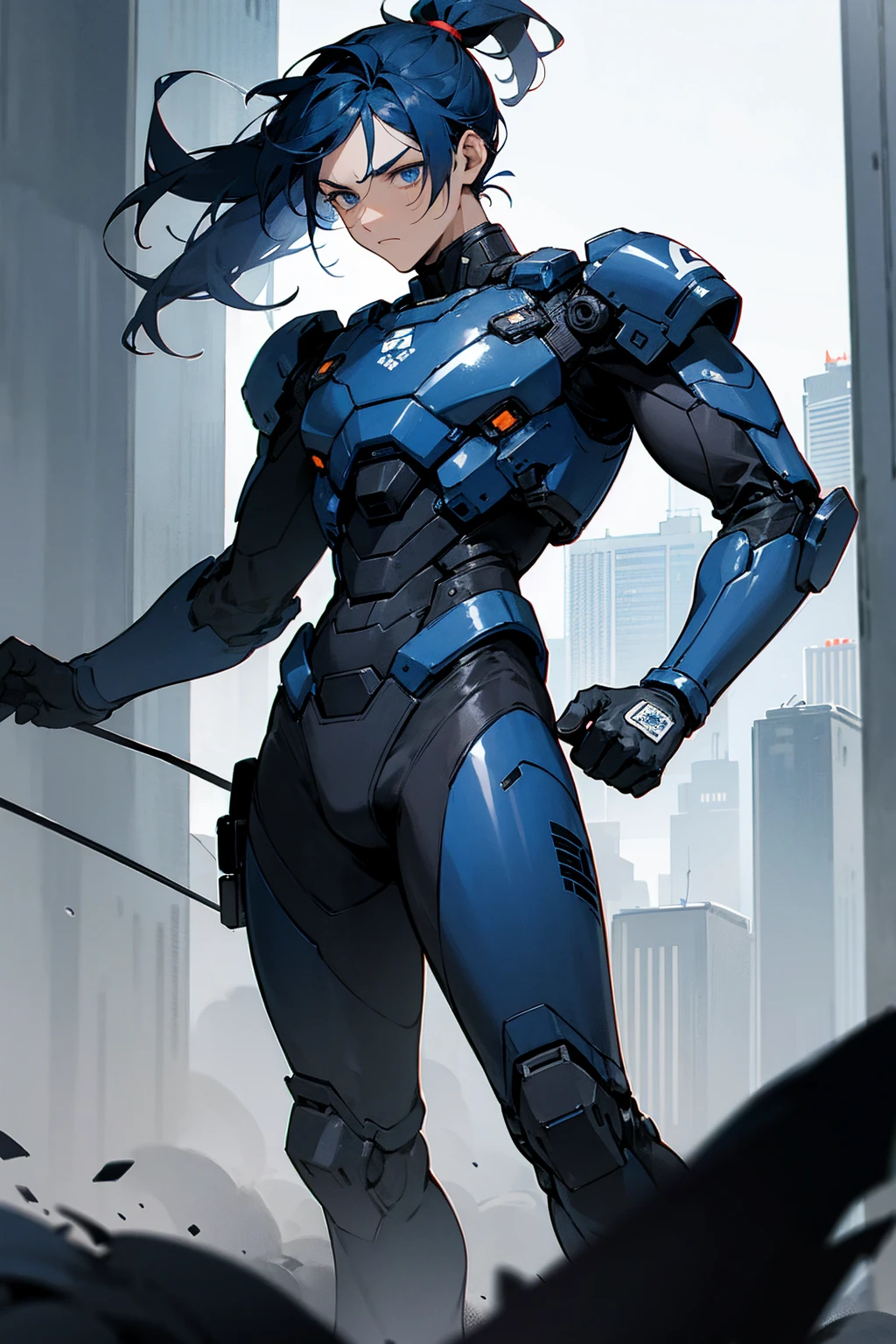 1male, man, dark blue hair, short ponytail, scruffed hair, deep blue eyes, expressionless, black and white combat suit, city background, detailed background, hands to side, standing on path