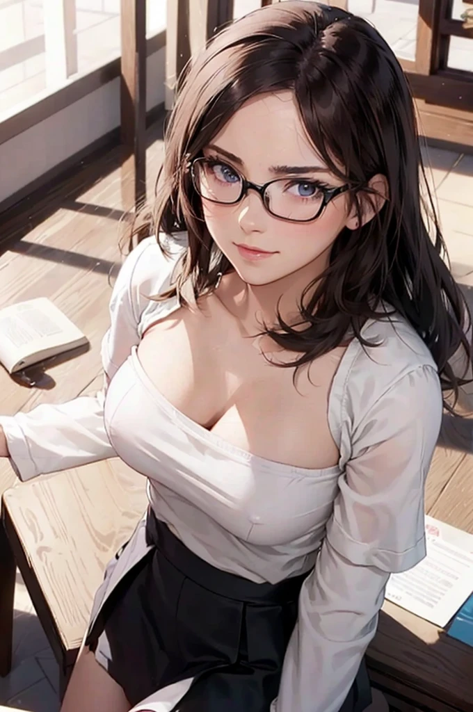 masterpiece, 最high quality, high quality, High resolution, high quality texture, high quality shadows, High resolution, Beautiful details, Detailed CG, Detailed Texture, Realistic representation of face, Realistic, colorful, delicate, Cinematic Light, Side light, Lens flare, Ray Tracing, sharp concentrated, (1 Girl,concentrated:1.3), ( Intricate details, compensate, PureErosFaceV1:0.5), (細部まで美しいdelicateな顔, 緻密で美しいdelicateな瞳, Perfect Facial Proportions, Dense skin, Optimal ratio of four fingers to one thumb, Arms under chest, From below,medium breasts, Wide Hips, Smooth upper abdomen, Tilt,middle hair ,wavy hair , withe blush , tight fitting black skirt ,30 years old,Blue Eyes,Study,Glasses, white blouse ,Tight Skirt,black stockings, garter belt,high heels,desk, sit cross-legged ,secretary ,adultery,house wife, smile, temptation