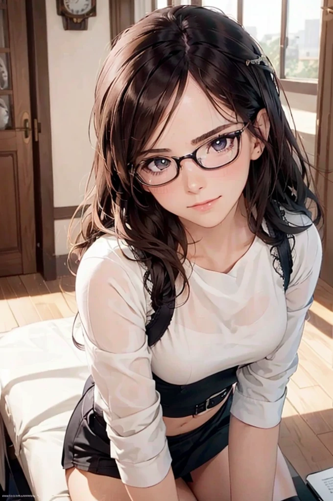 High resolution, high quality, 1 girl, Anime Girls,(Fill your stomach), Brown long hair, Brown eyes, Green-free glasses, Sunburned skin, Big Breasts, (Big Ass),Beautiful ass,White cardigan,Denim shorts,on the road,