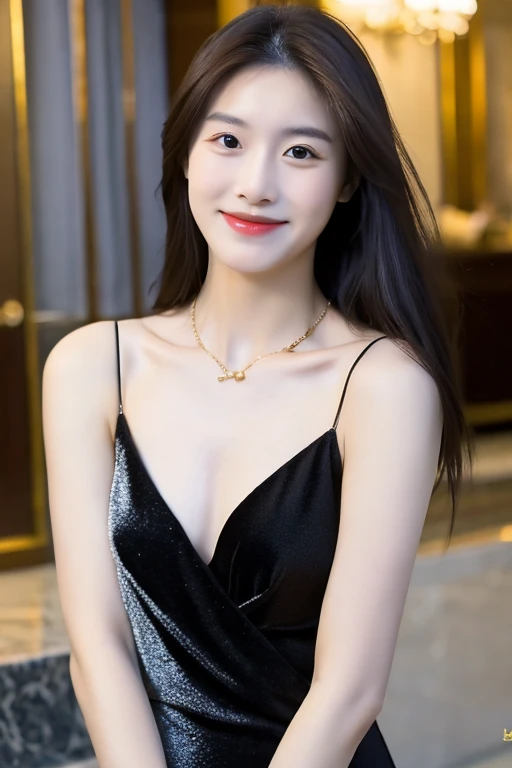 ((best quality)), ((masterpiece)), (detailed), 1girl , beautiful straight black long hair , beautiful smile , sexy pose , standing position , wearing revealing back dress , perfect body , short female , luxury golden necklace , luxury bracelets 