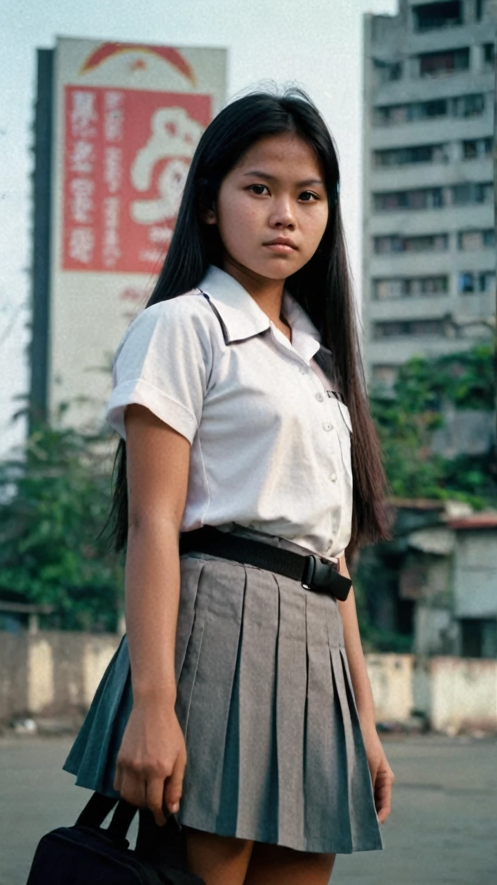 1970s era, 1970s hairstyles and fashion style, shot on 35mm film, An extreme low angle captivating photograph taken from the ground level below of a  Indonesian high school girl, with perfect face and perfect body, posing outdoor with the background of a vintage intricately detailed towering billboard. She is silhouetted against a radiant, open sky. With her long, tied-back hair flowing gracefully, she dons a humble uniform, white short sleeves shirt with brown patch on the left pocket, grey pleated skirt and thin black belt, and a black school bag, she gazes intently at the camera, exuding an enigmatic aura. She is looking directly unto the camera with lost look and a slight smile, with film grain, muted colors, cinematic lighting, professional high definition photography style ,fotorrealista
