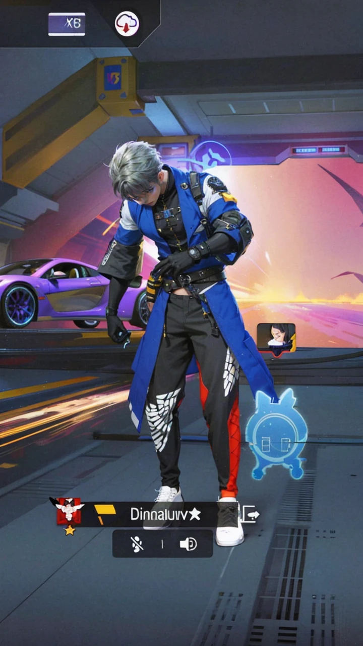 a guy with purple hair and a guitar in her hands, Best quality, masterpiece, detailed skin texture, detailed clothes texture, detailed face, super detail, 8k, intricate detail, 1 boy, The color doesn't change, Muscle guy, 1 guy, blue eyes.