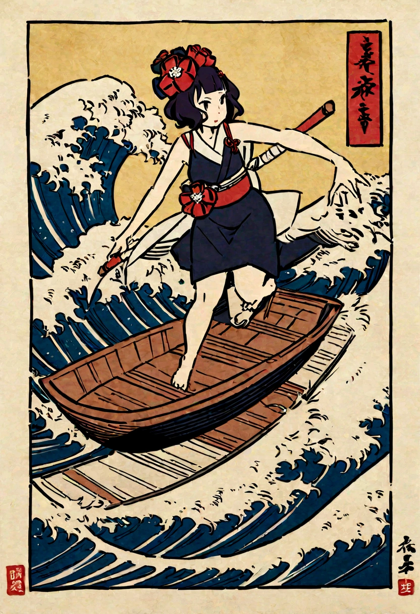 The rough texture of Japanese paper, Hokusai style, ukiyo-e, surfing, flight, fun and solemnity Ukiyo-e style、Katsushika Hokusai、A girl is rowing a boat、surfing、high quality、high resolution