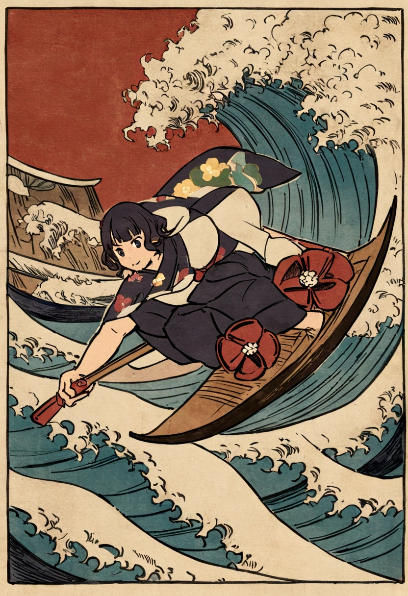 The rough texture of Japanese paper, Hokusai style, ukiyo-e, surfing, flight, fun and solemnity　Ukiyo-e style、Katsushika Hokusai、A girl is rowing a boat、surfing、high quality、high resolution