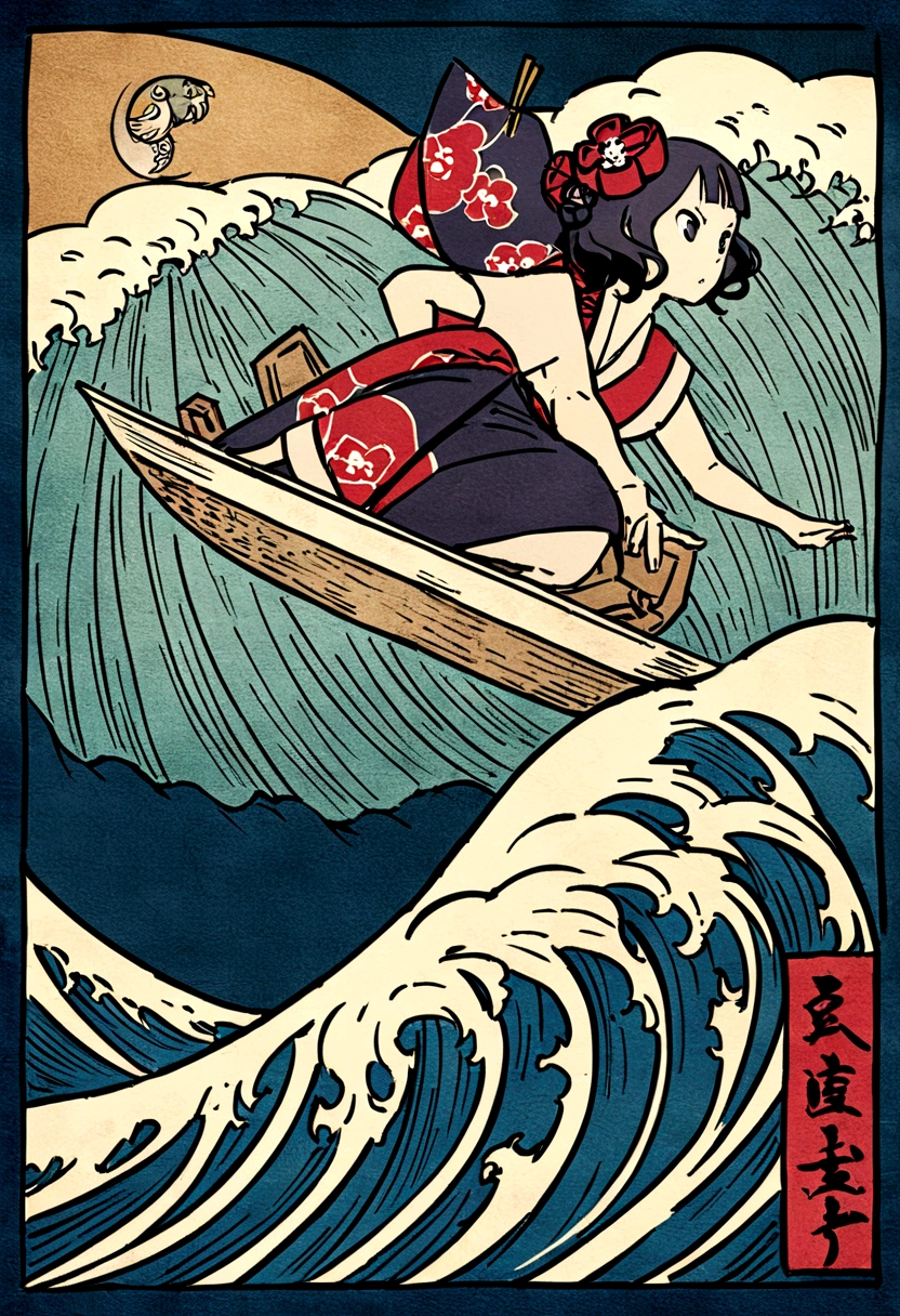The rough texture of Japanese paper, Hokusai style, ukiyo-e, surfing, flight, fun and solemnity Ukiyo-e style、Katsushika Hokusai、A girl is rowing a boat、surfing、high quality、high resolution