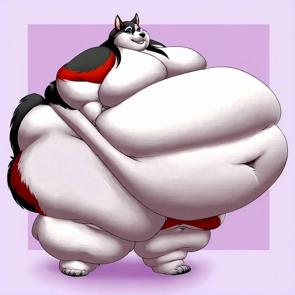 Malamute, female, long hair, black and white fur, morbidly obese, fat arms, fat legs, belly rolls,big belly, gorgeous, beautiful, eyelashes, voluptuous, plump 