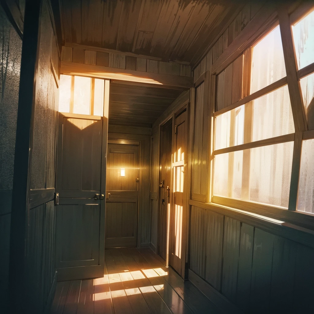 The cabin illuminated by a dim light, with long shadows that suggest tension and fear.
