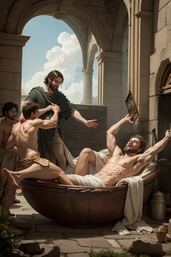 Create the apostle John being thrown into a boiling cauldron of oil