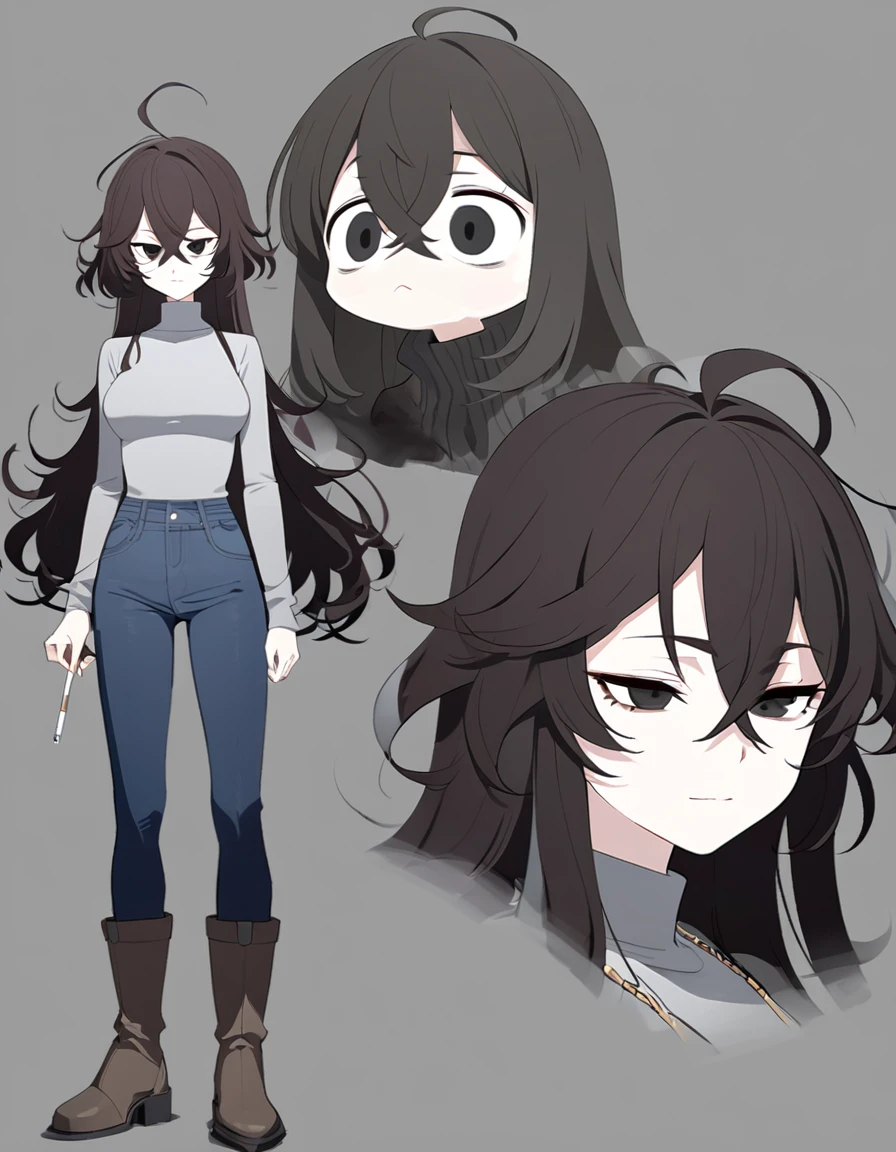One Woman,Downer,older sister,Concept Art,Dark brown hair,Straight hair with slight inward curls,Staring eyes,Eye Ridge,black eye,Crossed bangs,whole body,smile,Slightly larger breasts,Gray background,Bangs that reach down to the eyes,Messy hair,Tight dark jeans,Gray turtleneck sweater,Multiple views of the same character,Character Design,Dark circles under the eyes,Bad look,Listless,Sloppy,Silver Jewelry,Cafe staff,Holding a cigarette,whole bodyCharacter Design,Detailed hands,Height: 170cm,boots,fleshy,
