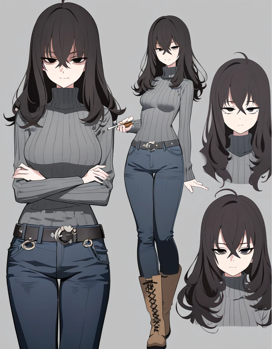 One Woman,Downer,older sister,Concept Art,Dark brown hair,Straight hair with slight inward curls,Staring eyes,Eye Ridge,black eye,Crossed bangs,whole body,smile,Slightly larger breasts,Gray background,Bangs that reach down to the eyes,Messy hair,Tight dark jeans,Gray turtleneck sweater,Multiple views of the same character,Character Design,Dark circles under the eyes,Bad look,Listless,Sloppy,Silver Jewelry,Cafe staff,Holding a cigarette,whole bodyCharacter Design,Detailed hands,Height: 170cm,boots,fleshy,