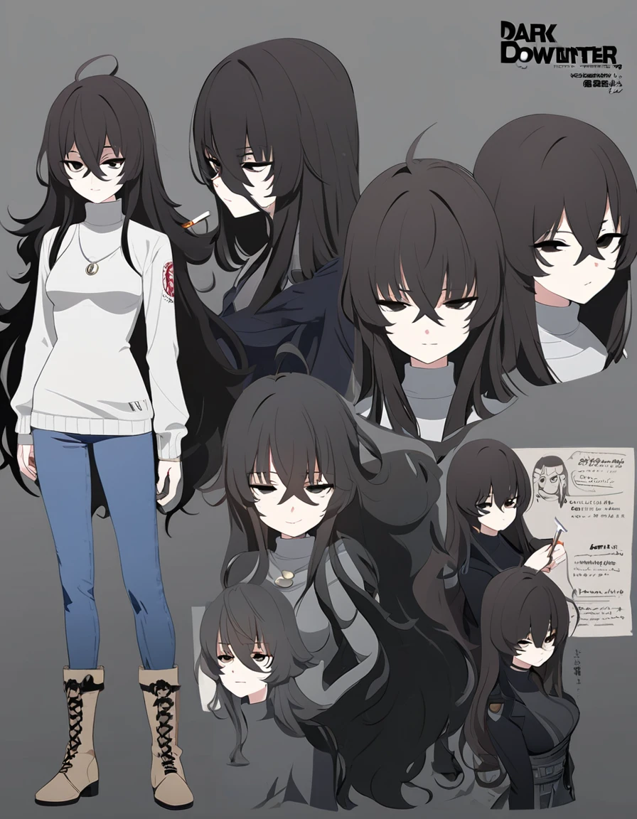 One Woman,Downer,older sister,Concept Art,Dark brown hair,Straight hair with slight inward curls,Staring eyes,Eye Ridge,black eye,Crossed bangs,whole body,smile,Slightly larger breasts,Gray background,Bangs that reach down to the eyes,Messy hair,Tight dark jeans,Gray turtleneck sweater,Multiple views of the same character,Character Design,Dark circles under the eyes,Bad look,Listless,Sloppy,Silver Jewelry,Cafe staff,Holding a cigarette,whole bodyCharacter Design,Detailed hands,Height: 170cm,boots,fleshy,