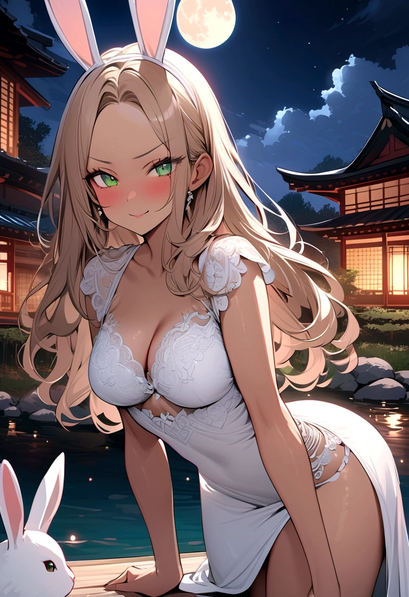 ((masterpiece)), ((best quality)), (ultra-detailed), ((extremely detailed)), 4K, (8K), best quality, (beautiful), A pretty woman with a dark skin, solo, (dark skin:0.8) ,beautiful light brown hair, light brown skin, beautiful green eyes, ((beautiful eyes)), triumphant look, smug look, self-satisfied look ,Masterpiece、White dress、Highest quality、brown Bunny ears、Tanned woman with big 、light brown hair color, forehead Long curlyWavy Hair、White shirt、Black Bra、Black panties、Hot spring inn、a bright moon shines over beautiful scenery of garden and river in night time, moon, architecture, tree, east asian architecture, full moon, scenery, night, cloud, sky、Lots of rabbits