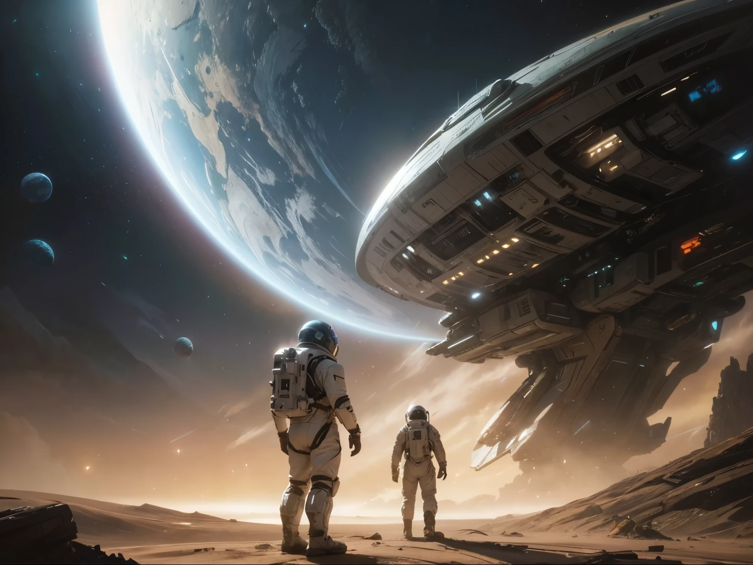 spaceship in the background with a man in a space suit standing in front of it, award winning scifi art, inspired by Craig Mullins, sci - fi illustrations, sci-fi illustrations, science fiction concept art, award-winning sci-fi, by Craig Mullins, sci fi artwork, sci-fi artwork, sci - fi artwork, science fiction art, beautiful sci fi art