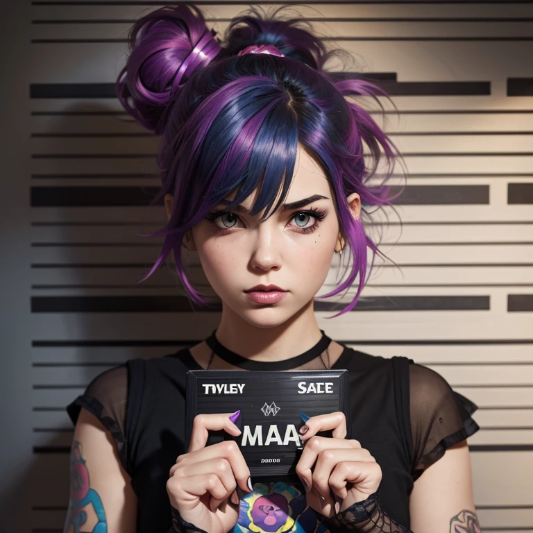 A front and back full body view of a female punk of British descent, designed in a Pixar style. The punk is depicted in a playful and vibrant manner, similar to the style shown in the reference image. She wears a Plaid skirt with a graphic tee, fishnet tights, and creepers. Her hair is styled in edgy punk manner, and she has a friendly and approachable expression. The front view shows her standing confidently, while the back view highlights the details of her outfit and hairstyle. The overall design is clean and colorful, capturing the whimsical and endearing qualities typical of Pixar's character style. Highly detailed, 8k, smooth, sharp focus trending on artstation, digital painting, by Stanley Artgerm Lau, WLOP, Rossdraws, James Jean, Andrei Riabovitchev, Marc Simonetti, and Sakimichan