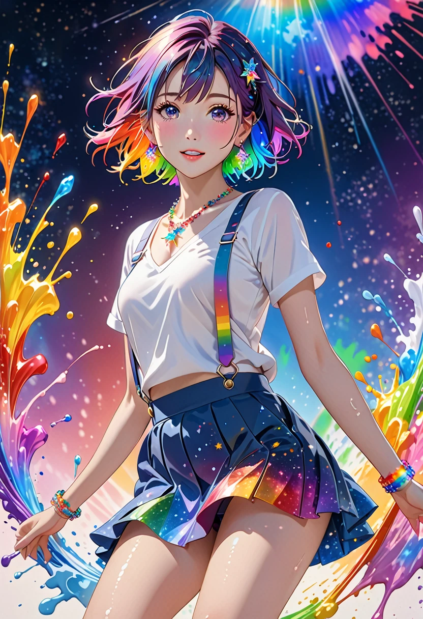 anime, 1 girl, japanese, full body picture, jumping, feet not touching the ground, showing whole body, masterpiece,High resolution,8K,Art,digit,Three-dimensional,Realism,Kyoto Animation Style,your name movie style, ((Paint splashes,splash of color, Ink splash)),looking into camera,Soft Light,Glowing skin,(1 female: 1.3),(alone: 1.4),(((colorful hair))),((Colorful suspender skirt)),(Rainbow crystal hair clip),(Rainbow crystal small necklace),(Rainbow crystal small earrings),(Rainbow crystal bracelet),(Rainbow crystal ring),Long eyelashes,Slender legs,Short Bob,Close-up of upper body,Close-up,close view,colorful background,(Eyes as deep as the starry sky),(Shut up),(blush),(shy),(lovely and delicate)