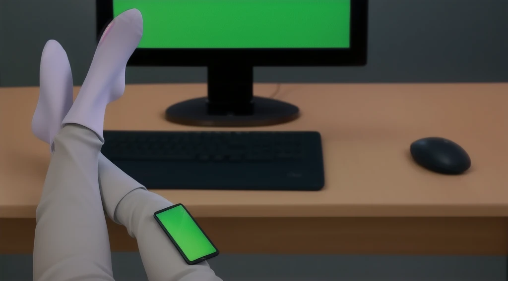 sitting in front of the computer, with cell phone on gray leg