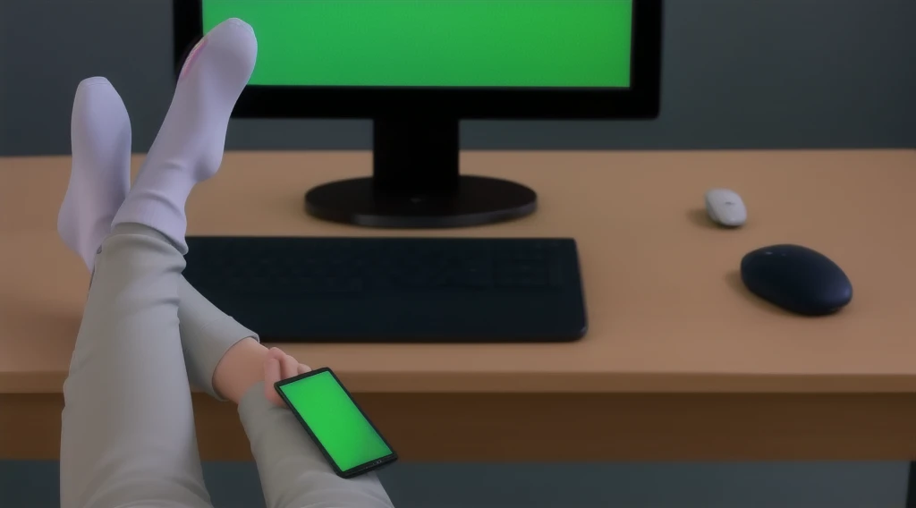 sitting in front of the computer, with cell phone on gray leg