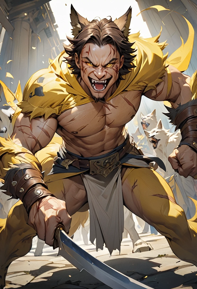 masterpiece, Best quality, A high resolution, fantasy, adult man person, shows sharp fangs and grins, brunette with short hair and shaved temples, with scars on the body and face, with yellow wolf eyes and wolf ears, full length, getting ready to fight