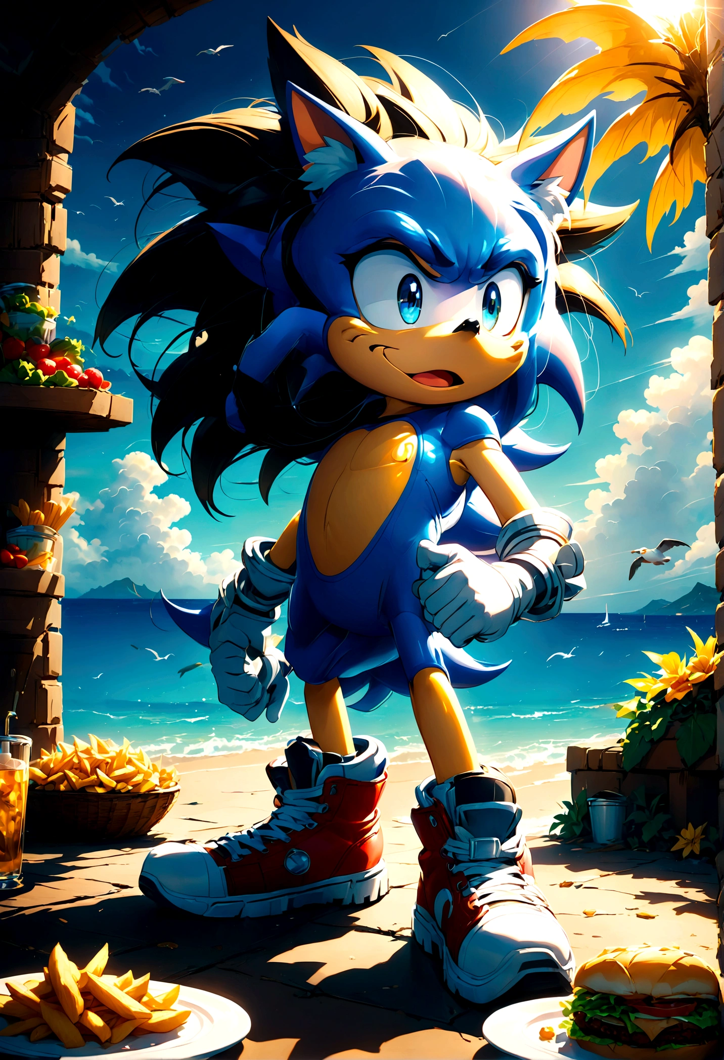 anime style, Sonic hedgehog and yellow fox have Fries lunch picnic by the sea, Sonic cartoon movie, (a Seagull Unexpected break-in:1.2), anime screenshot, source_anime, dramatic composition, cinematic dynamic action scene, vibrant colors, cinematic lighting, dramatic lighting, best quality, masterpiece, very aesthetic, perfect composition, intricate details, ultra-detailed