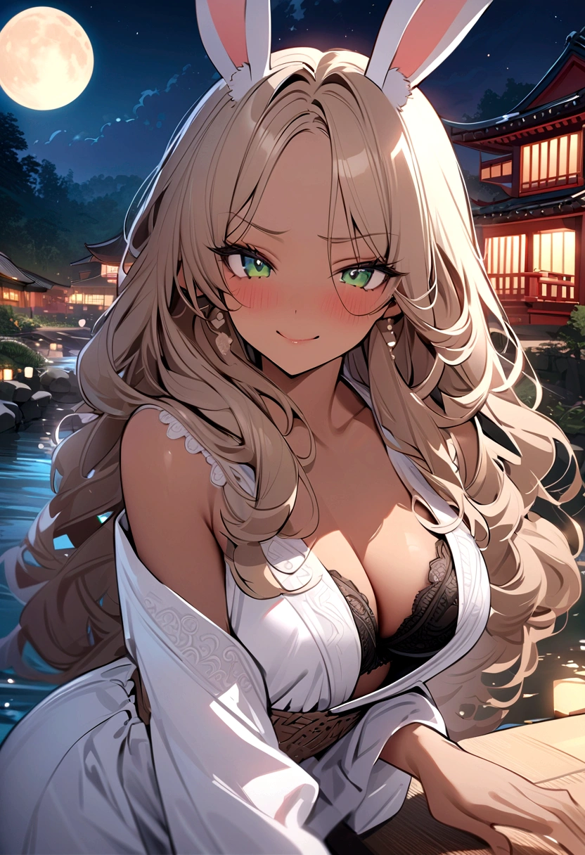 ((masterpiece)), ((best quality)), (ultra-detailed), ((extremely detailed)), 4K, (8K), best quality, (beautiful), A pretty woman with a dark skin, solo, (dark skin:0.8) ,beautiful light brown hair, light brown skin, beautiful green eyes, ((beautiful eyes)), triumphant look, smug look, self-satisfied look ,Masterpiece、White dress、Highest quality、brown Bunny ears、Tanned woman with big 、light brown hair color, forehead Long curlyWavy Hair、White shirt、Black Bra、Black panties、Hot spring inn、a bright moon shines over beautiful scenery of garden and river in night time, moon, architecture, tree, east asian architecture, full moon, scenery, night, cloud, sky、Lots of rabbits