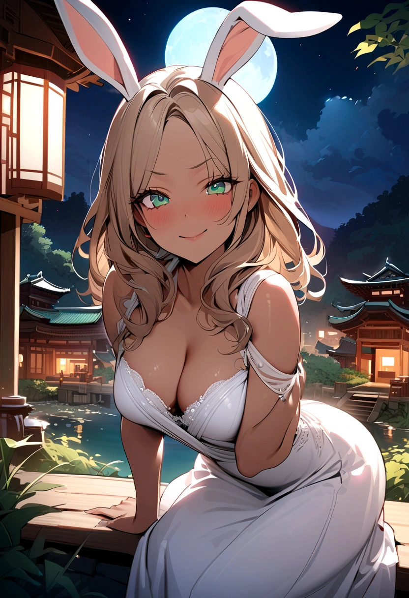 ((masterpiece)), ((best quality)), (ultra-detailed), ((extremely detailed)), 4K, (8K), best quality, (beautiful), A pretty woman with a dark skin, solo, (dark skin:0.8) ,beautiful light brown hair, light brown skin, beautiful green eyes, ((beautiful eyes)), triumphant look, smug look, self-satisfied look ,Masterpiece、White dress、Highest quality、brown Bunny ears、Tanned woman with big 、light brown hair color, forehead Long curlyWavy Hair、White shirt、Black Bra、Black panties、Hot spring inn、a bright moon shines over beautiful scenery of garden and river in night time, moon, architecture, tree, east asian architecture, full moon, scenery, night, cloud, sky、Lots of rabbits