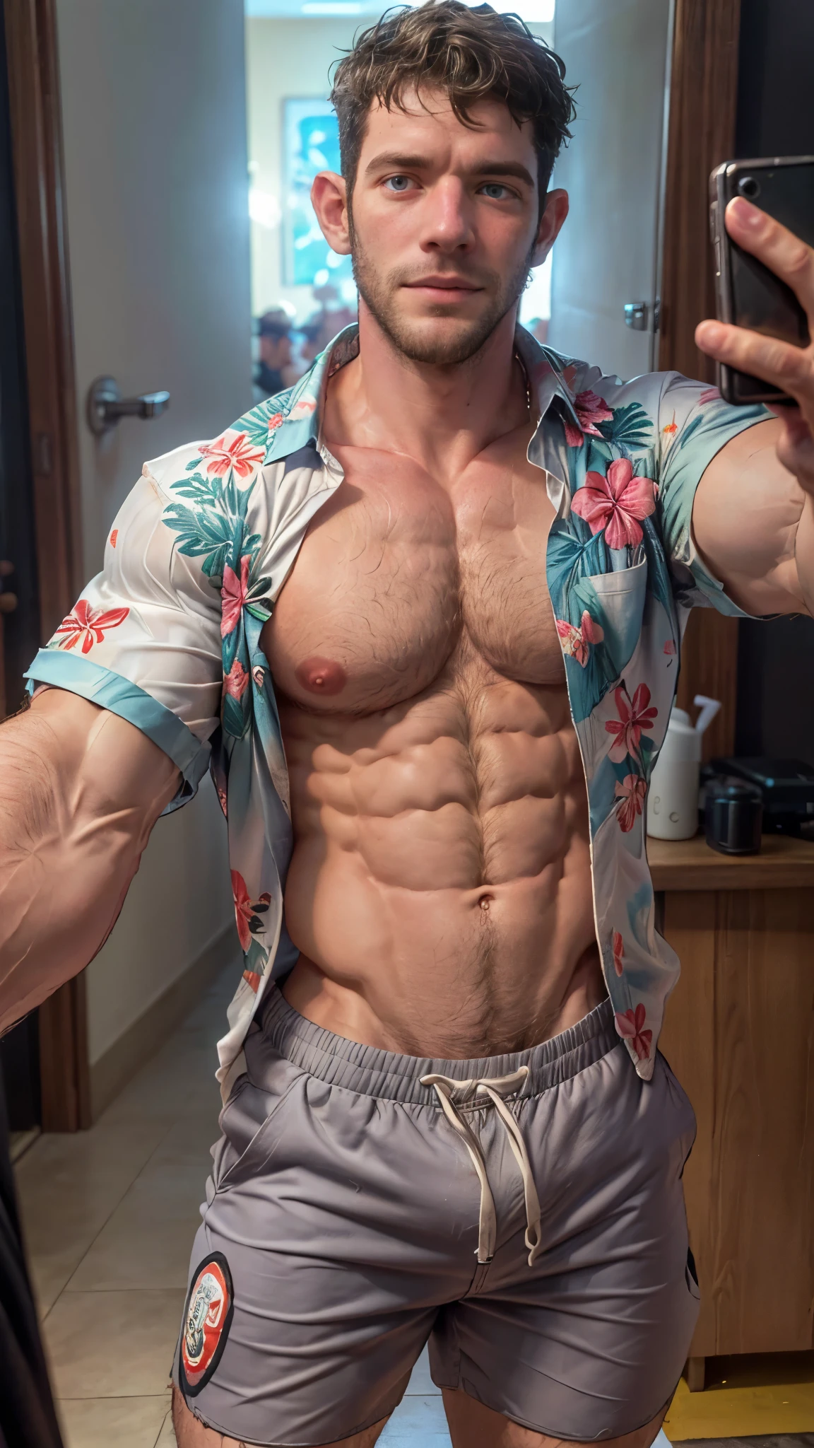 Masterpiece, denoise, void noise, one man, best quality, 8k resolution, male focus, focus only, amazing composition, volumetric lighting, super quality, elegant, Very detailed, beach, front view, facing viewer , -----------, 35 years old, mature face, muscular, thin body, Caucasian, (((white skin, pale skin))), handsome, (detailed light-blue eyes), light brown hair, big ears, (((hairy pectorals, thick plenty chest and body hair))), ((Medium long beard)), (((((Jim Sturgess Russell Tovey mixed face and hair))))), (((big nipples, perky nipples))), ------------, ((((detailed shorts)))), ((((clear color hawaiian style short sleeve shirt)))), (((holding frame pov: like taking a selfie))),