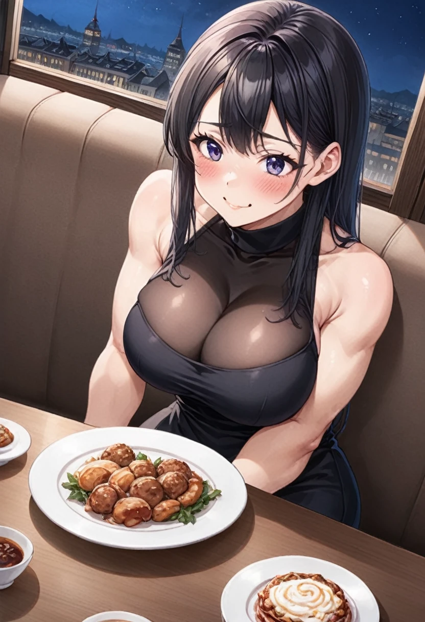 Anime, 2d anime, cartoon anime, detailed illustration, dynamic angle, ultra-detailed, illustration, 1girl, late 20’s year old, dark, night, sitting down in a fancy restaurant, eating dinner at a nice table, nighttime, Big woman, nervous, in tight clothes, embarrassed to be seen, very shy, very tall, broad shoulders, silky long black hair, muscular, tone body, sitting in a high end restaurant, date night, eating at night time, romantic dinner, subtle smile, avoiding eye contact, blushing, black sleeveless dress, sweater dress, boob window showing ample cleavage